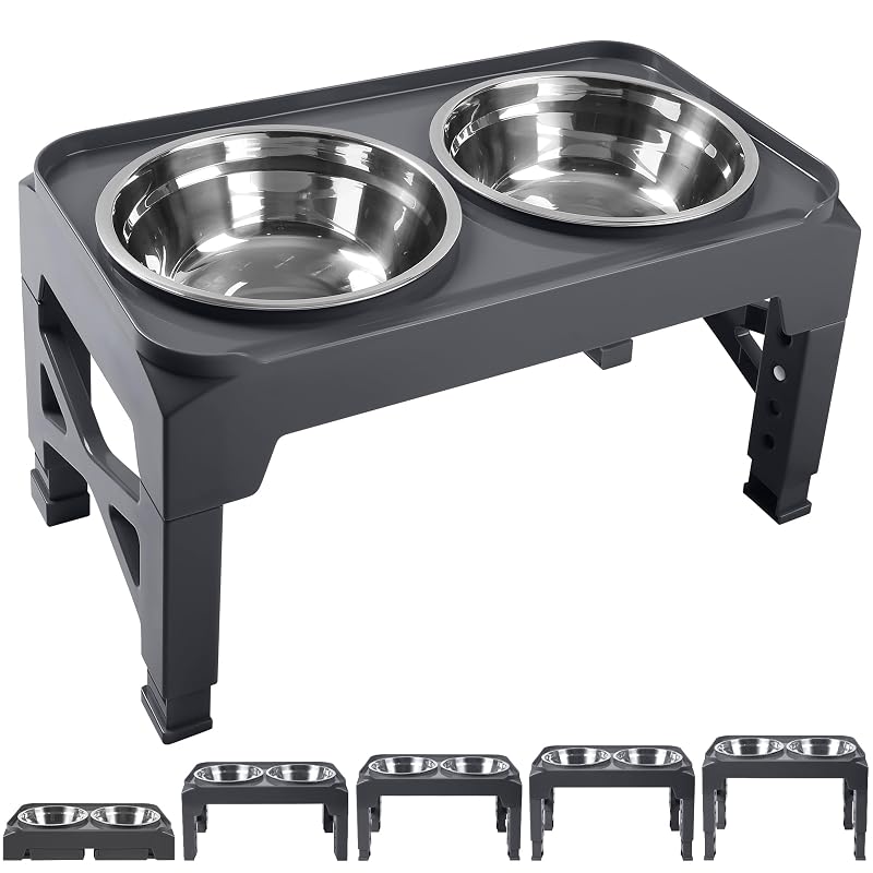 Comedouro elevado para cães Hubulk com 2 tigelas de aço inoxidável, suporte ajustável em 5 alturas, Cinza M, 2 tigelas