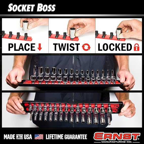 Ernst Manufacturing 8498HV 13-Inch Socket Boss, Premium 3-Rail Multi-Drive Socket Organizer, High Visibility - Made in USA