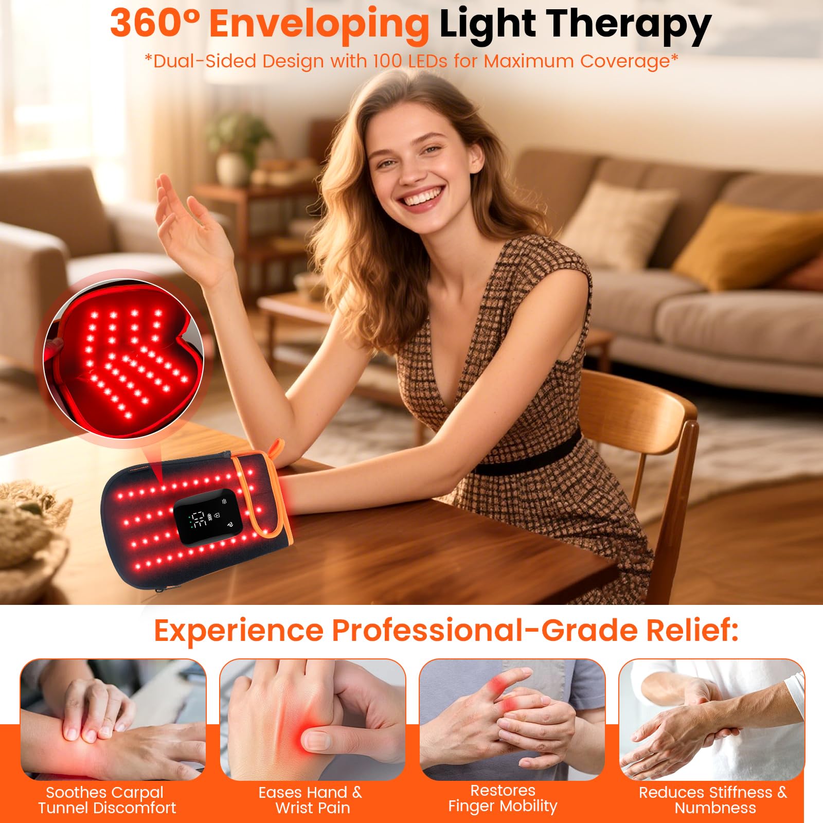 Keneo Rotlichttherapie-Handschuhe für Hände, 100LEDs Rot & Nahinfrarot, Dual-Wellenlänge 660 nm & 850 nm, 5 Modi, kabellos, wiederaufladbarer 5000-mAh-Akku, für Hand- und Handgelenkbehandlung (Orange)