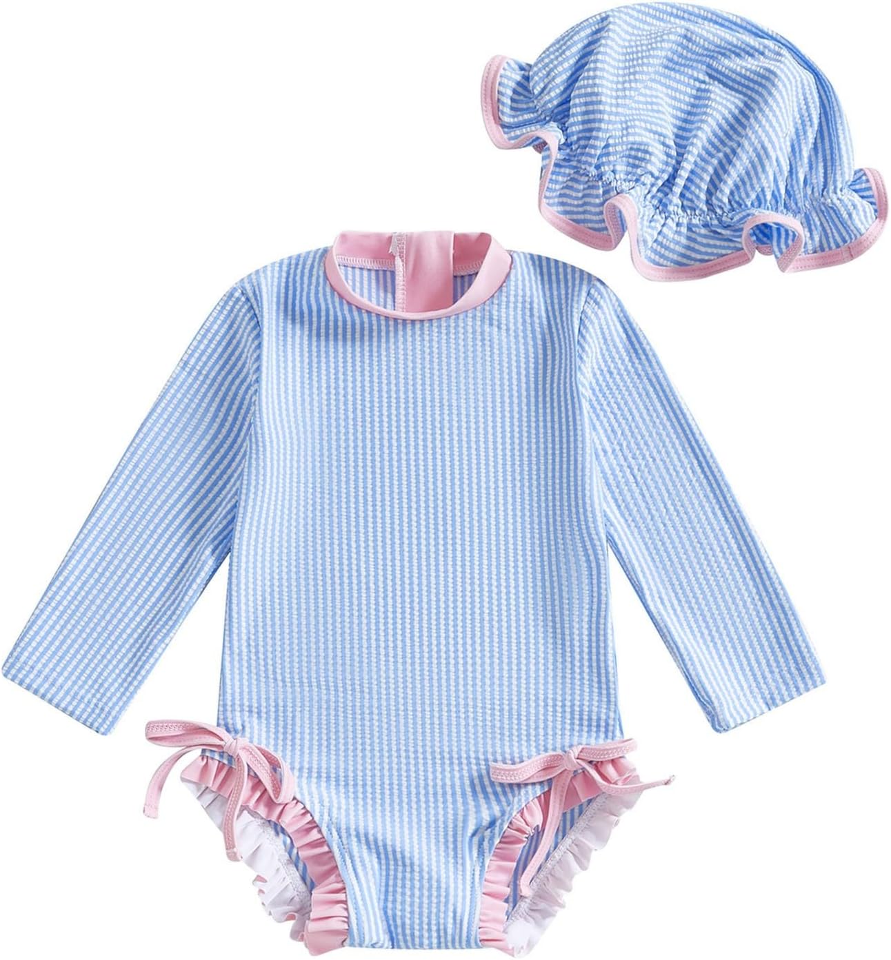 Infant Baby Girl Swimsuit One-Piece Long Sleeve Rash Guard with Hat Set Zipper Bathing Suit Beach Wear
