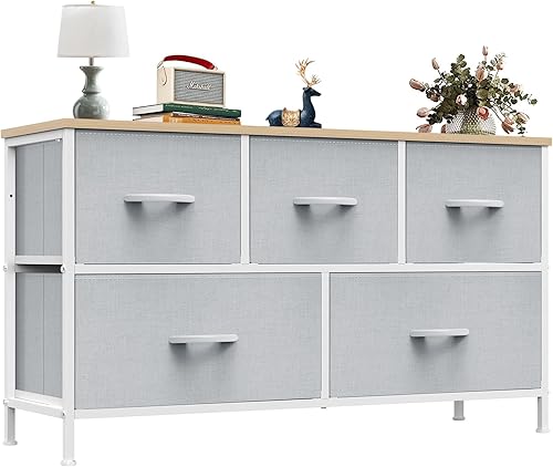 Miniatura 15 de OLIXIS Cómoda para dormitorio con 5 cajones, cómoda ancha, cómoda de tela para dormitorio con organizador de cajones, unidad organizadora de Roble