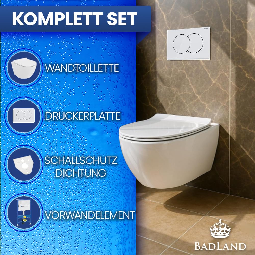 BADLAND WC Set – Geberit Duofix Basic UP100 Vorwandelement + Wand-WC Desna in Weiß + Betätigungsplatte Delta01 Weiß + Slim WC-Sitz mit Soft-Close + Schallschutzmatte