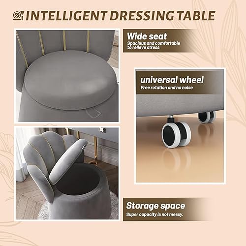 Miniatura 4 de Silla de begonia tapizada con almacenamiento, respaldo y ruedas, cómodo y mullido terciopelo para dormitorio, baño, sillas de maquillaje modernas