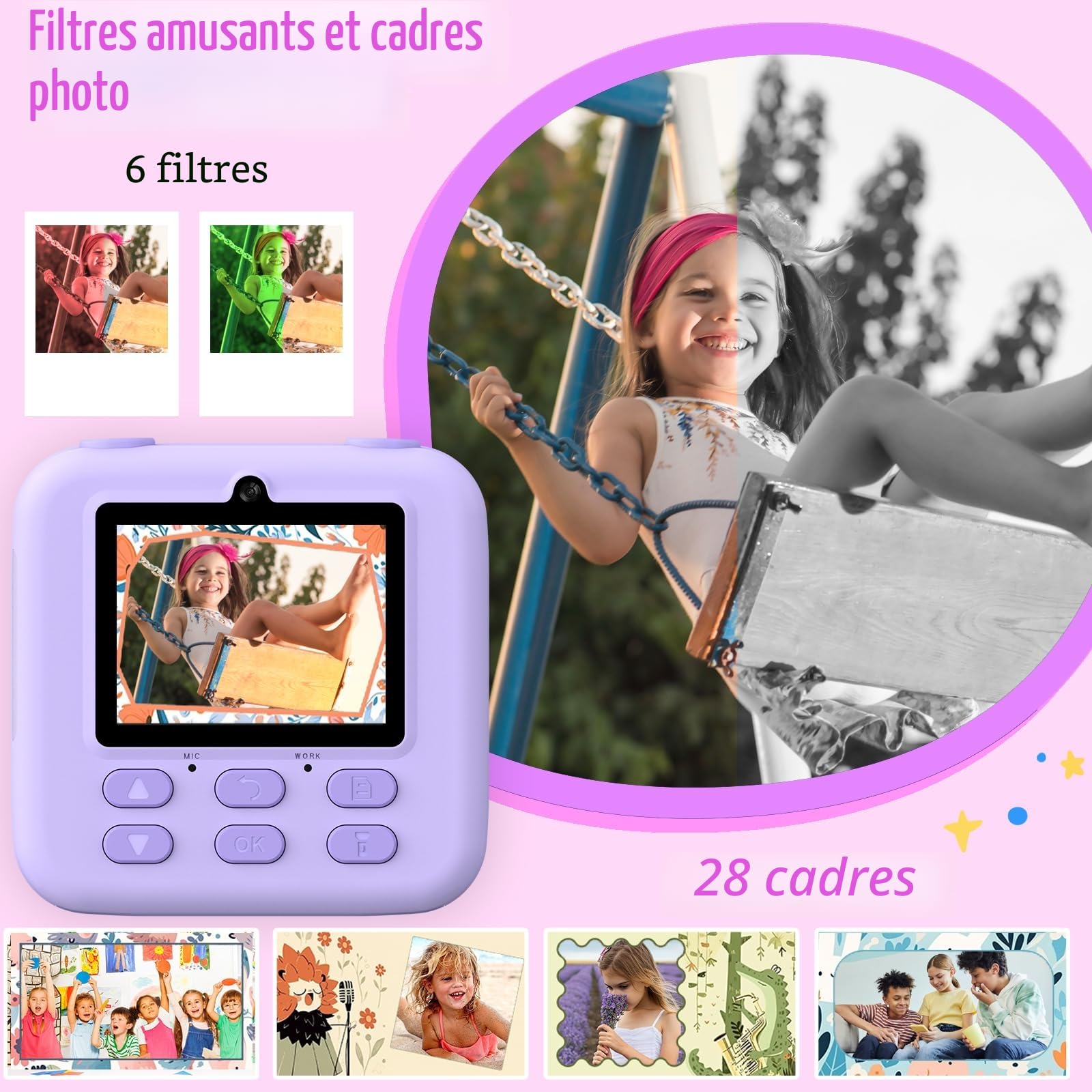 Appareil Photo Instantané Enfant, 1080P HD Vidéo Selfie Caméra Enfant pour Enfants avec Carte de 32 Go et Papier Photo Imprim, Noël et anniversaire Cadeau Jouet pour Filles Garçons Adolescent 3-12 Ans