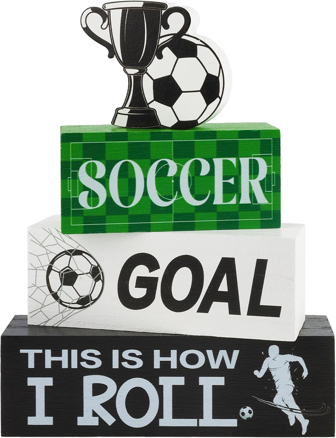 4 Pcs Soccer Wooden Tabletop Decor Soccer Wooden Block Signs Gift World Cup Table Sign Rustic Tiered Tray Decor Sports Themed Table Decorations for Boys Room Office Shelf Fireplace