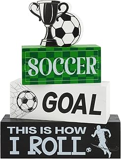 4 Pcs Soccer Wooden Tabletop Decor Soccer Wooden Block Signs Gift World Cup Table Sign Rustic Tiered Tray Decor Sports Themed Table Decorations for Boys Room Office Shelf Fireplace