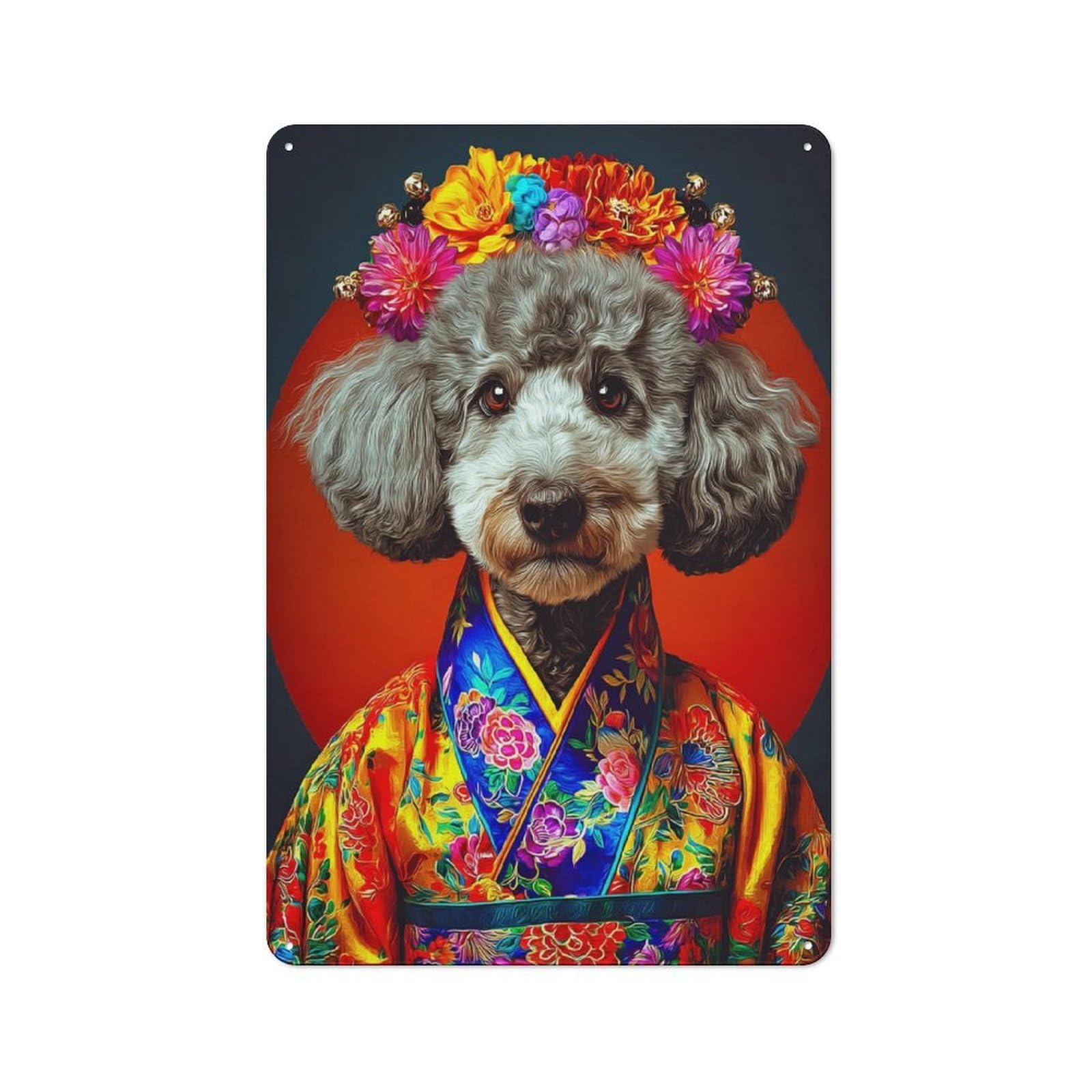 Junmoney Floral Crowned Poodle In Vibrant Kimono Metal Wall Sign 30X20cm Featuring For Garage Wall, A Housewarming Gift For People Furnishing A Garage