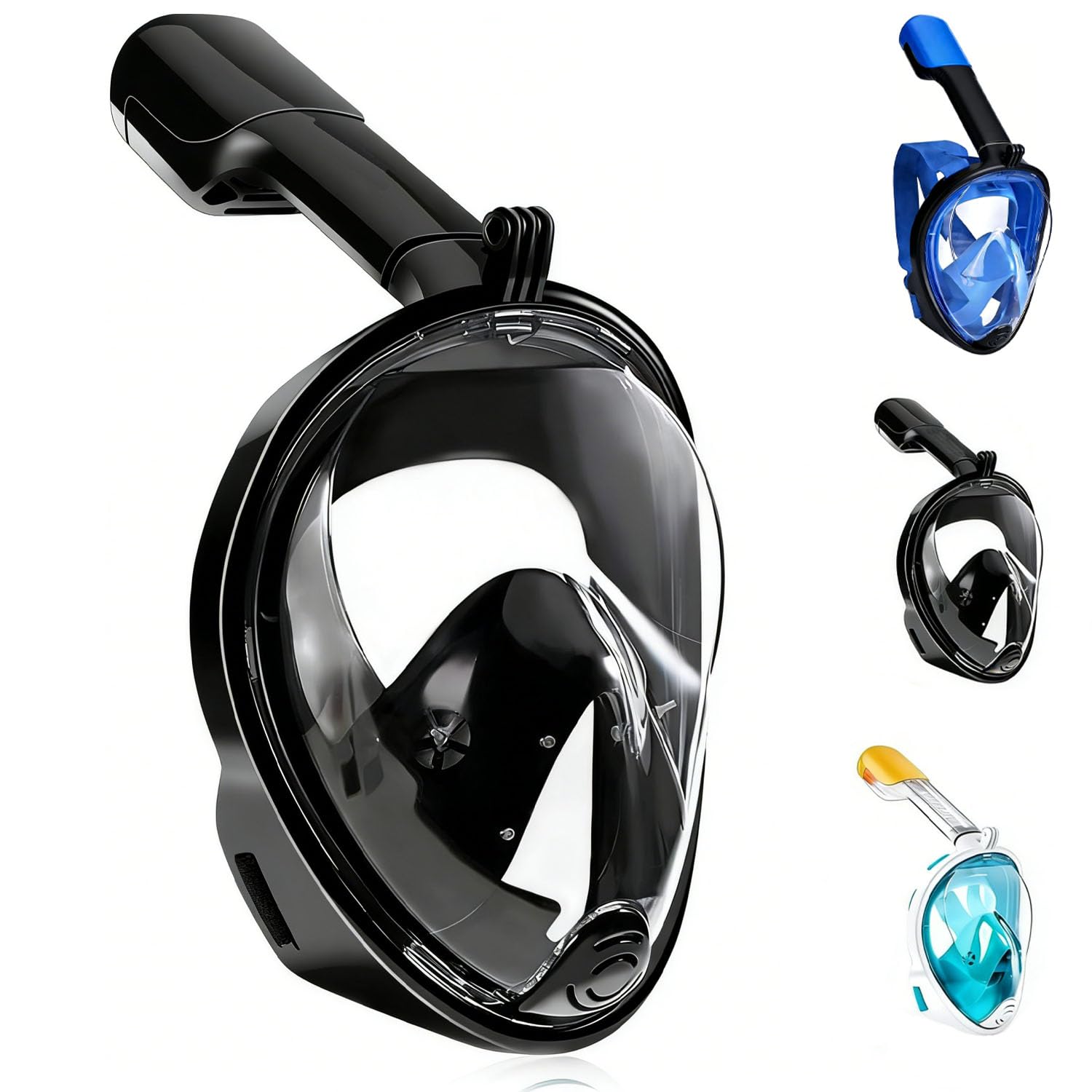 Snorkel Mask Full Face, 180°view Snorkeling Gear with Panoramic Design- Sports Camera Compatible, Diving Mask with Anti-fog and Anti-leak Technology for Adults and Kids (1, Black, L-XL)