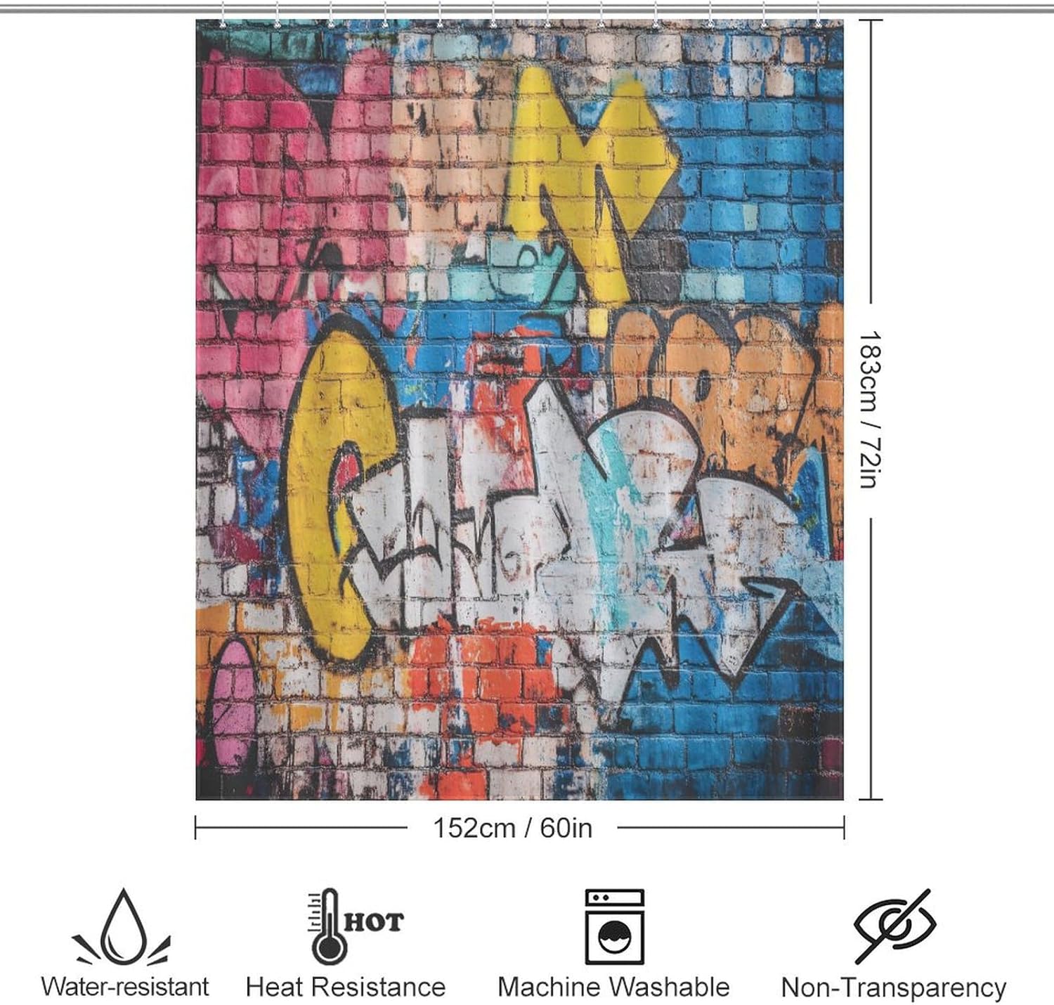 Graffiti Shower Curtain Set, Hip-Hop Street Culture Colorful Abstract Wall Graffiti Home Bathroom Curtain Decor Fabric Waterproof Polyester with 12 Hooks 60x72Inch（152x183cm）