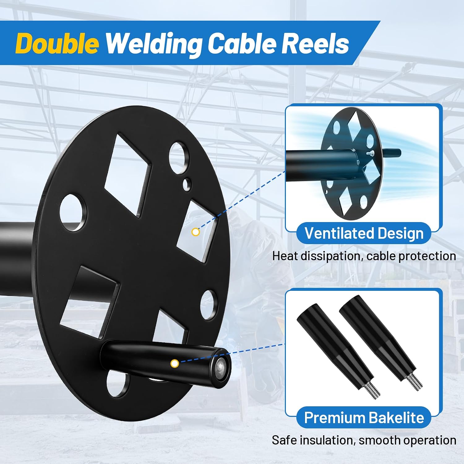 𝑼𝒑𝒈𝒓𝒂𝒅𝒆 Heavy Duty Double Welding Lead Reel, 360° Swivel Base Cable Lead Reel, Welding Reels with Insulated Sealing Gaskets & Screws No Leaks No Shorts, Fits 150ft 1/0 or 125ft 2/0 Cable