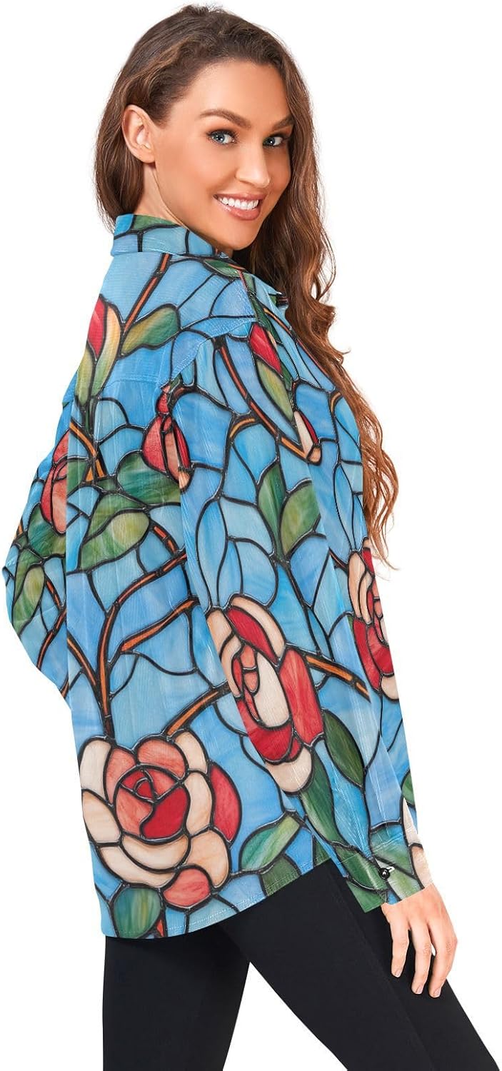 Stained Glass Blooming Rose Floral Woolen Cord Fabric Mens Rugby Shirts Long Sleeve for Women Sports with Pockets