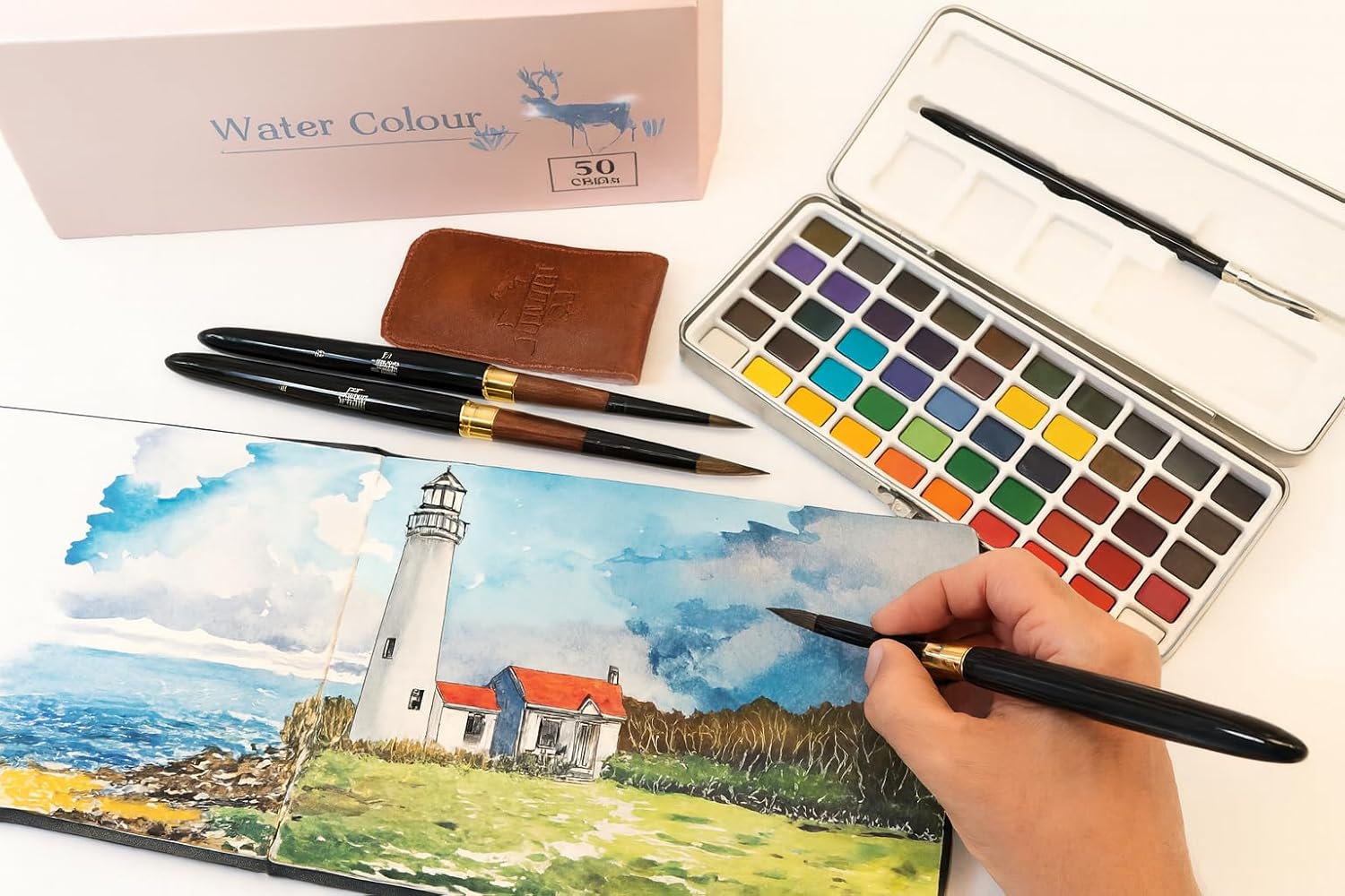 3-Piece Synthetic Pony Hair Watercolor Brush Set with Brown Leather Case, Screw-Apart Travel Brushes for Artists, Students, Professionals