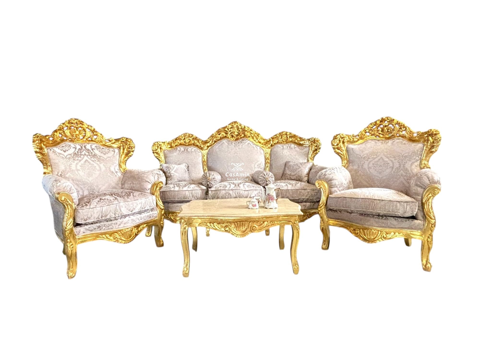 CasAmin Home & Living Sofagarnitur in Dunkelbeige Französisches Couchgarnitur im Louis XL Stil mit Goldfinish für die Hotellobby Barock Rokoko Salon Sofa als Wohnzimmer Dekoration