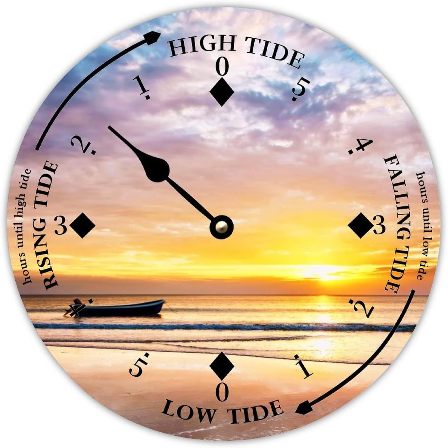 Round Wall Tide Clock Moon Tidal Clock Sunset Ocean Time Wall Wooden Clock Coastal Clock with High and Low Tide Hello Summer Decoration for Beach House Deck Verandah Terrace