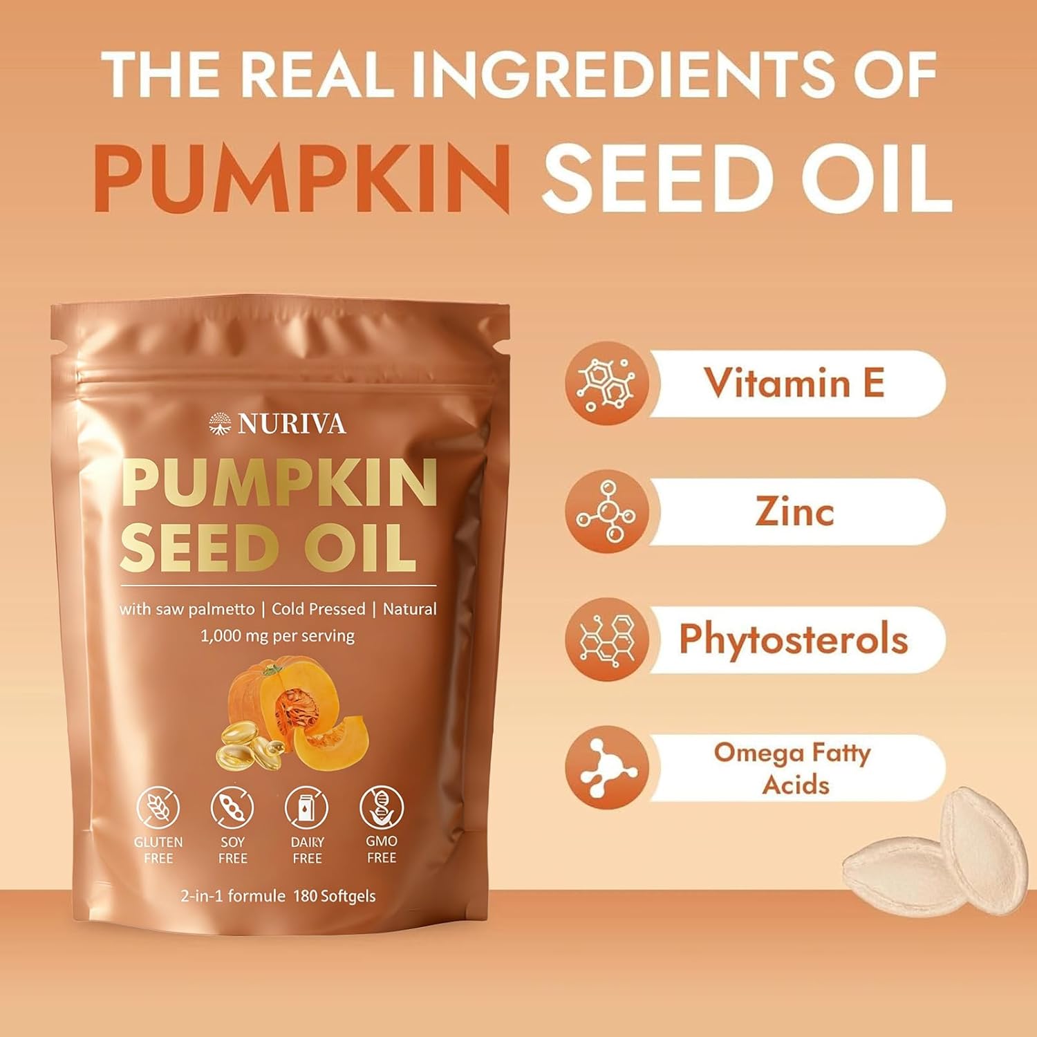 NURIVA Pumpkin Seed Oil with Saw Palmetto – Cold Pressed, Pure Virgin Oil, Rich in Essential Fatty Acids & Phytosterols – Supports Hair, Urinary & Prostate Health – Non-GMO, 100% Natural(1pc)