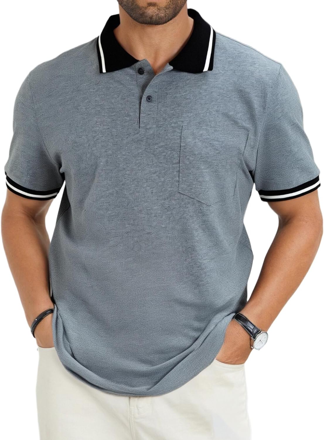 Men's Casual Short Sleeve Polo Shirts Classic Button Summer Collared Golf Top T-Shirt with Pocket Grey L