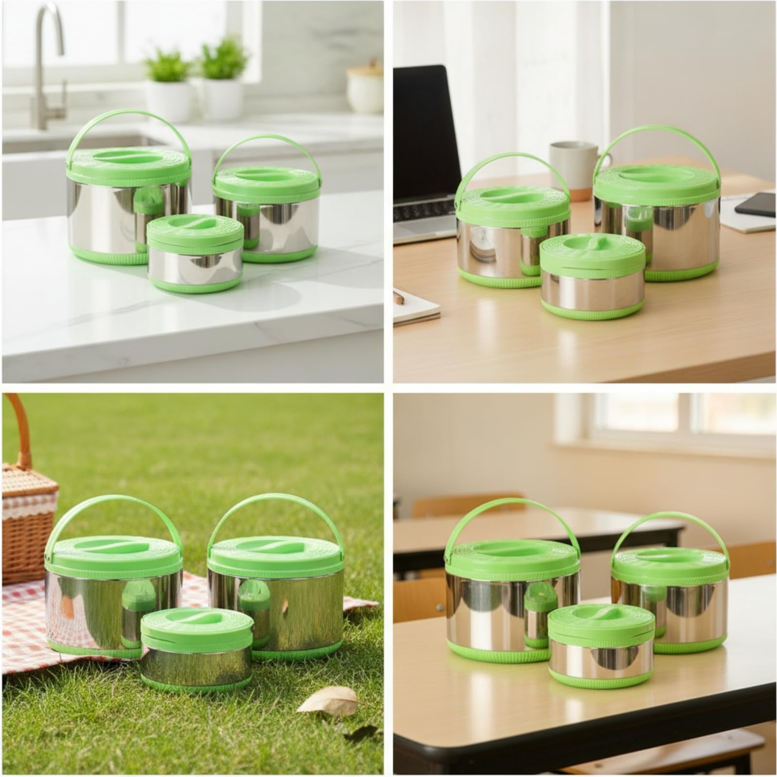 predolo 3 Pezzi Contenitore Termico con Manico Isolato Portavivande con Manico Facile da Pulire Portavivande Termico per, Verde Con Fiori Dorati, Set Da Tre Pezzi Verde Con Fiori Dorati