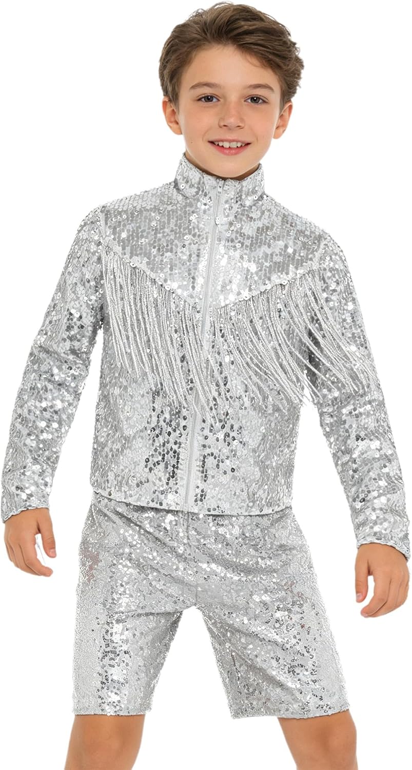 Kids Sequin Bomber Jacket Long Sleeve Zip Up Mock Neck Fringed Suit Coat with Glitter Shorts Girls Boys Party Hip Hop Jazz Dance Costume Silver 10 Years