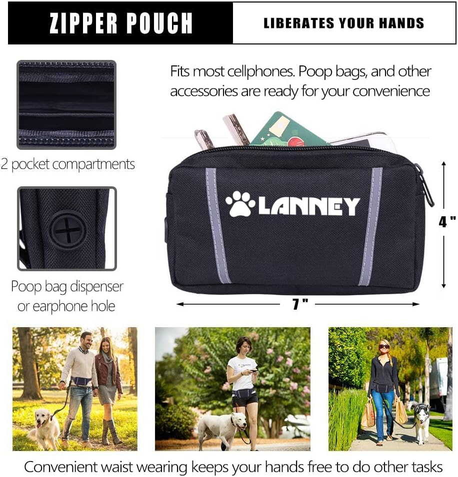 Hands Free Dog Leash Bungee Retractable Dog Running Waist Leash for Running Walking Jogging Training Hiking with Medium to Large Dogs, Adjustable Waist Belt Pouchouch, Reflective Stitches, Dual Handle