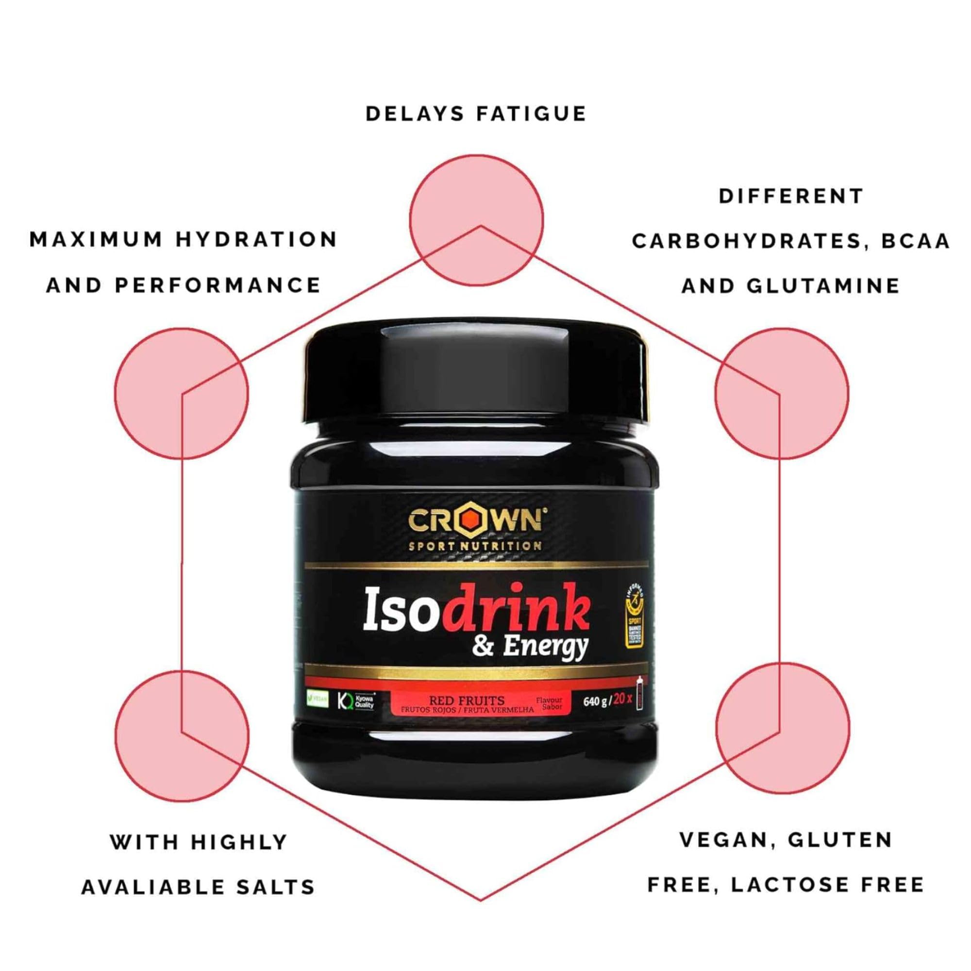 Crown Sport Nutrition Isodrink & Energy | Isotónico en Polvo Carbohidratos | BCAA Glutamina Electrolitos | Bebida Isotónica Sales Minerales | Bote 640 g 20 Tomas | Frutos Rojos | Vegano