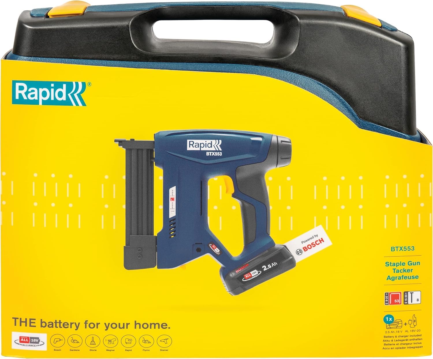 Rapid BTX553 - Agrafeuse Murale 18V POWER FOR ALLIANCE, Agrafeuse Électrique Sans Fil à Batterie pour Agrafes N°53 à Fil Fin & Pointes N°8 - avec Batterie 2,5 Ah/Chargeur/Malette Inclus (5001506)