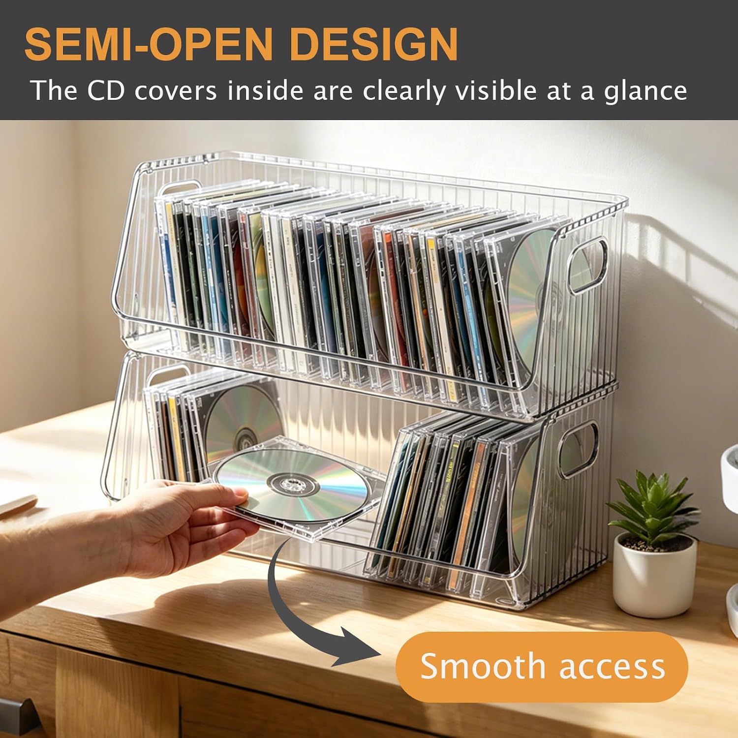 2 Pack Acrylic DVD/CD Storage Box Clear Stackable Organizer Bin with Handles for DVDs CDs Video Games Cases Blu-Rays Books Countertop Cabinet Home Office