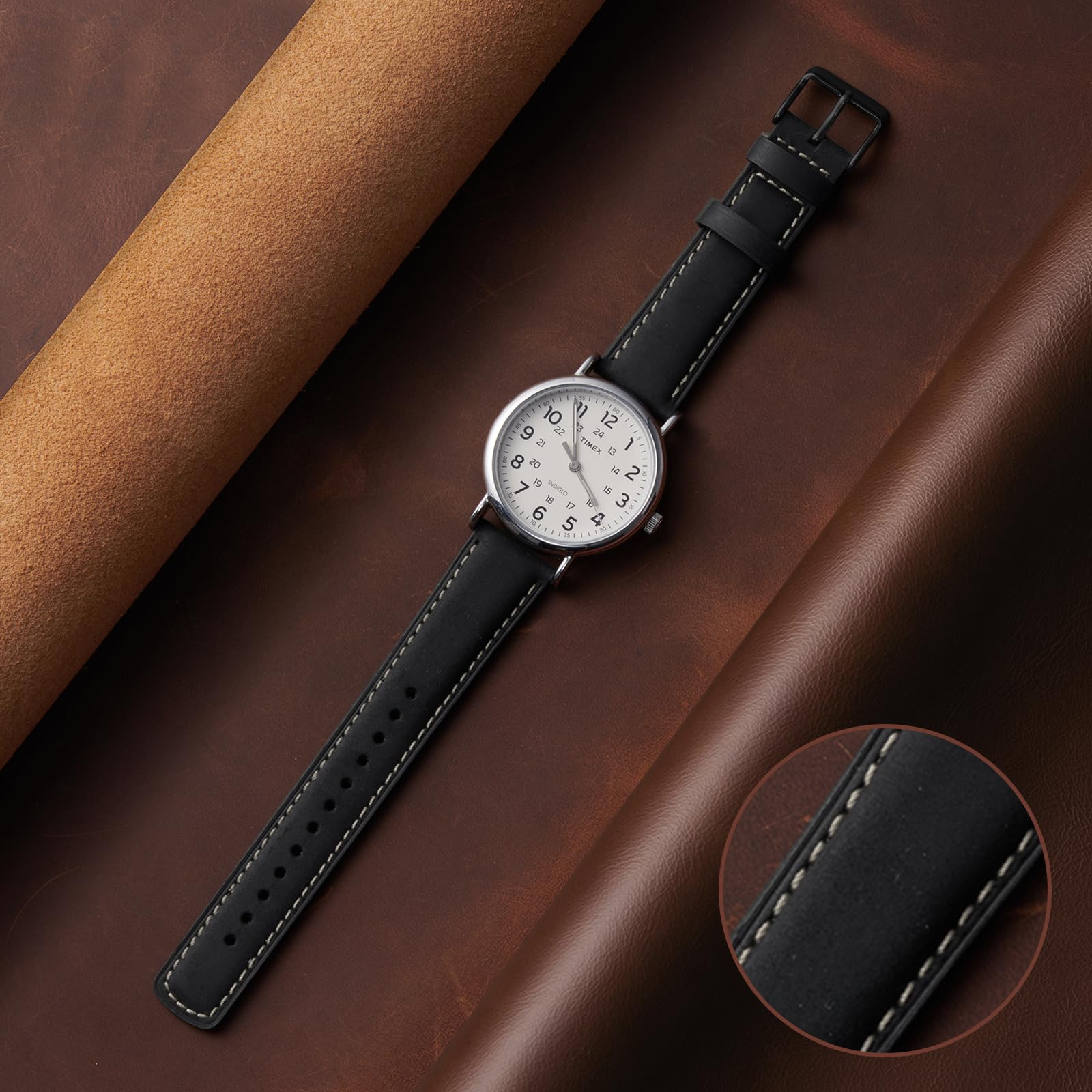 SUNFWR Quick Release Leather Watch Band 20mm for Men Women, Vintage Genuine Leather Strap for Samsung Galaxy Watch 6/Classic/Gear S3/Garmin/Huawei/Timex Watch Bands (20mm, Black/Black)