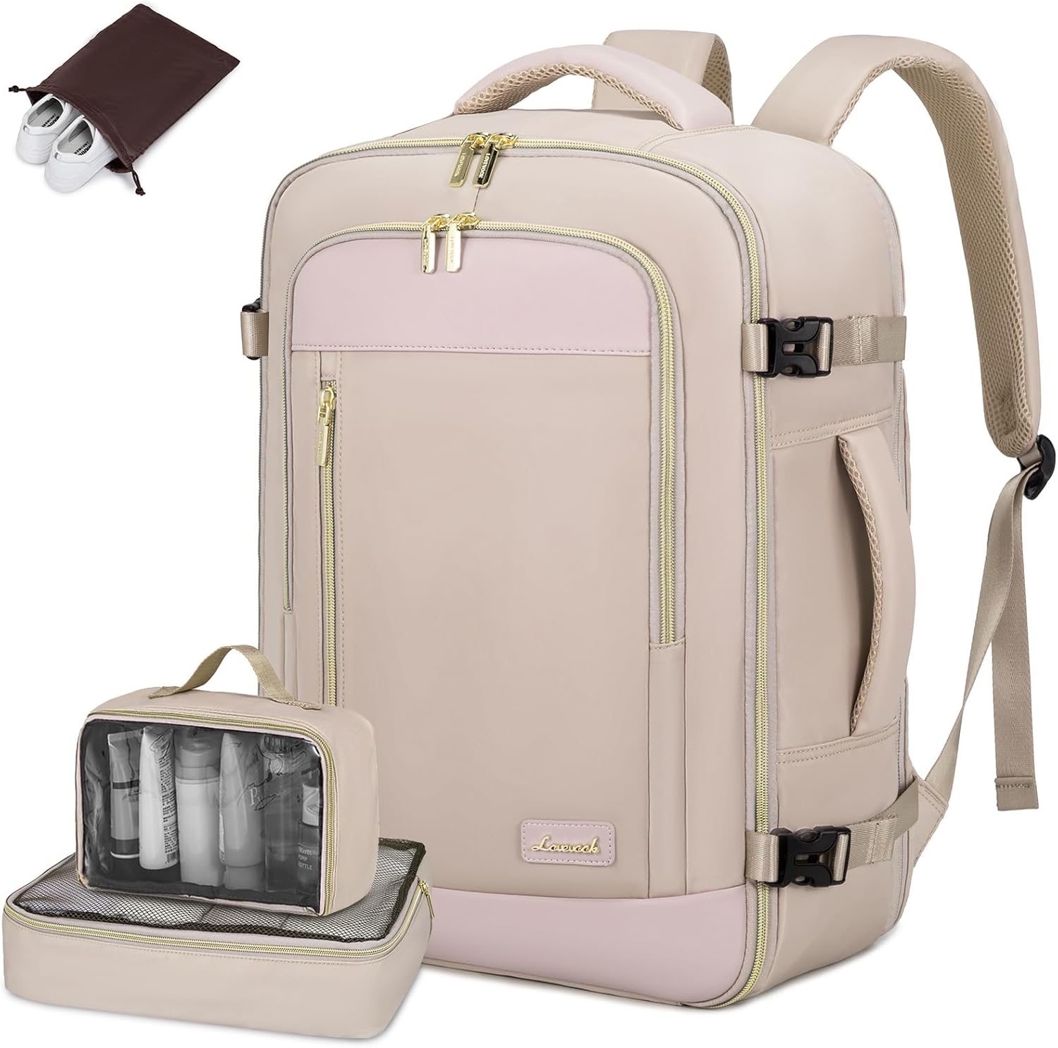 LOVEVOOK Travel Backpack for Women & Men, 45L Carry On Backpack, Personal Item Bag with 3 Packing Cubes, Business Weekender Overnight Luggage Daypack, Fits 18 Inch Laptop, Nude