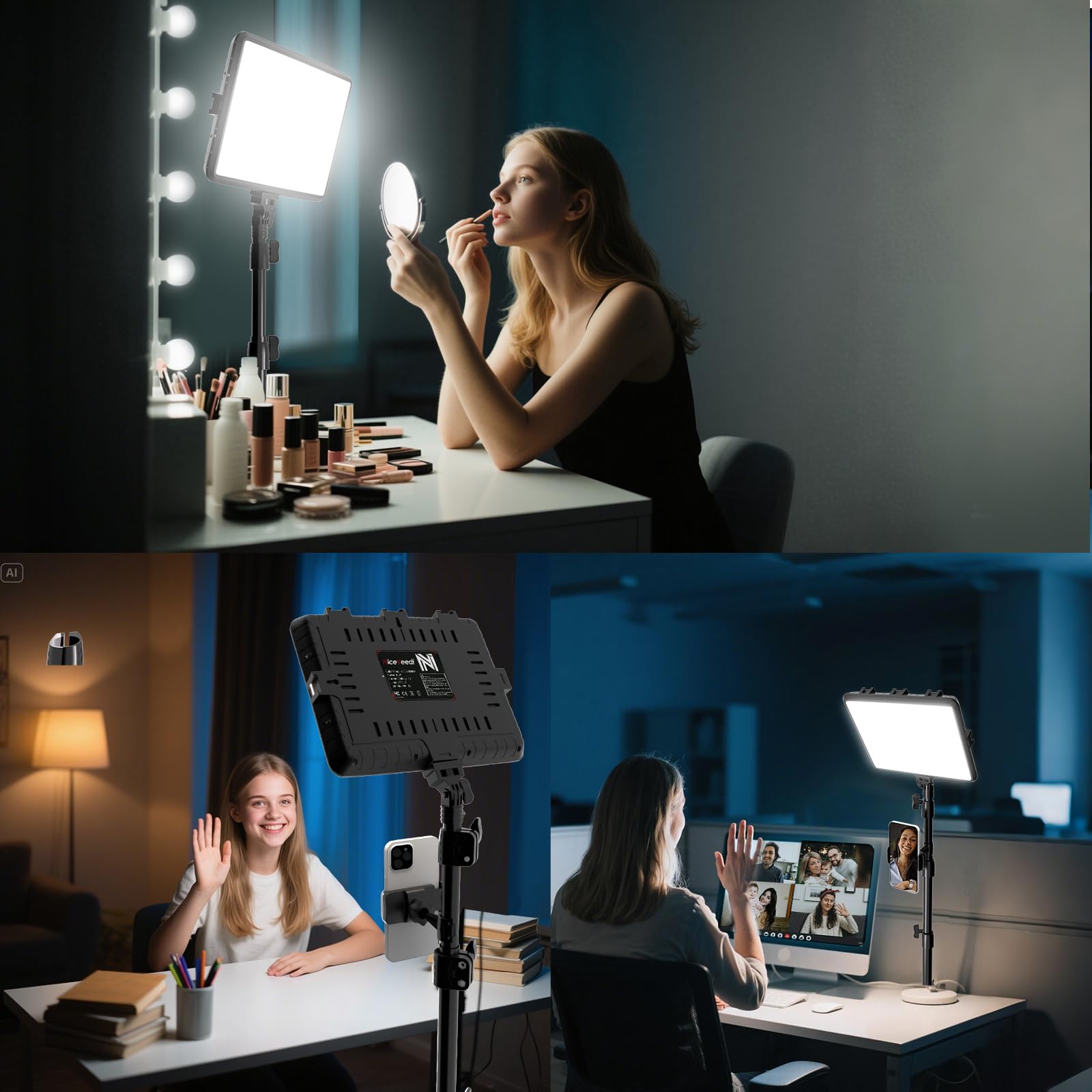 Niceveedi, kit di illuminazione per fotografia, 25 x 20 cm, luce LED per studio video, luce dimmerabile da 15 W, per registrazione video, streaming selfie e ritratti interni, luce con treppiede
