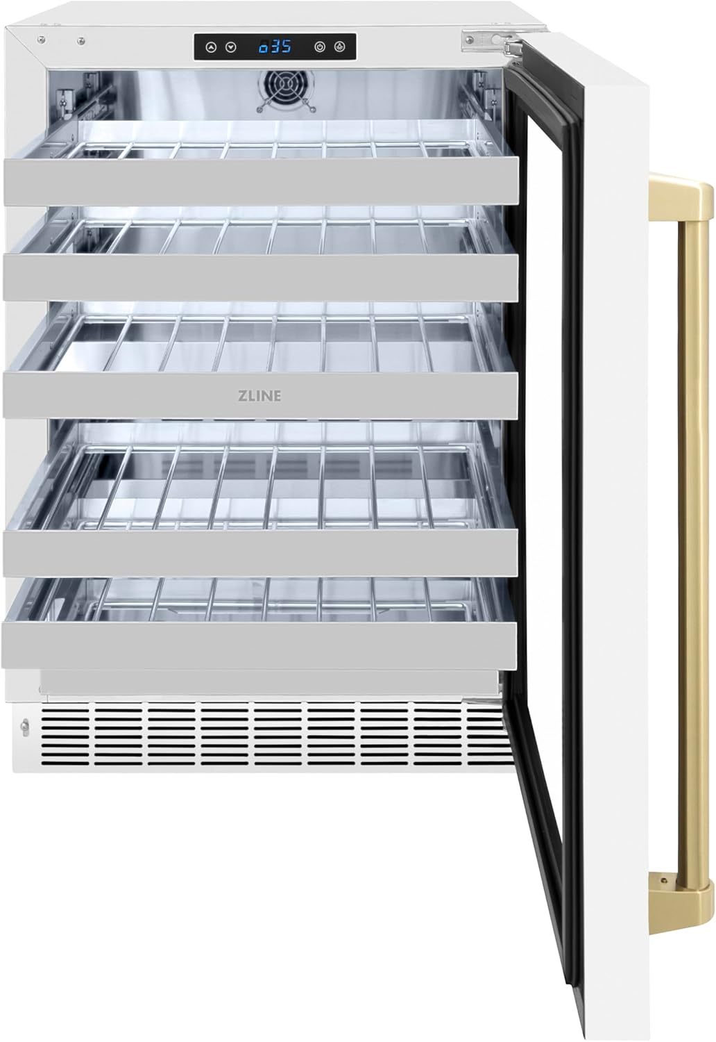 ZLINE Autograph Edition 24 in. Touchstone Dual Zone 44 Bottle Wine Cooler With White Matte Glass Door And Champagne Bronze Handle (RWDOZ-WM-24-CB)