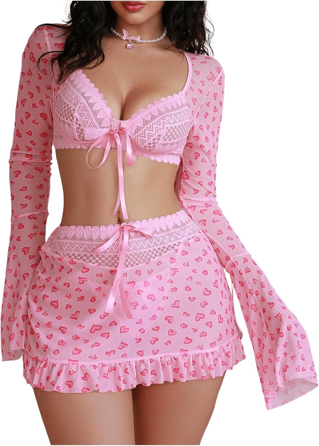 MakeMeChic Women's 3 Piece Valentines Lingerie Sets Cherry Heart Bow Long Sleeve Crop Top and Thongs Set with Mini Skirt