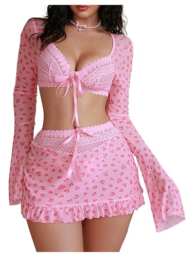 SHENHE Women's Lace Heart Print Lingerie Sets Bow Bralette and Thong with Mini Skirt - Medium - Pink