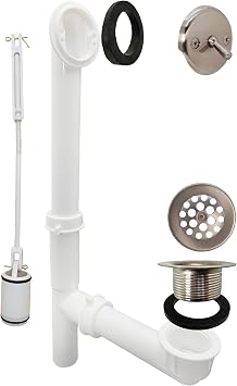 Westbrass 592244-07 14" White Poly Tubular Bath Waste & Overflow Assembly with Trip Lever and Strainer Grid Drain Cover, Satin Nickel