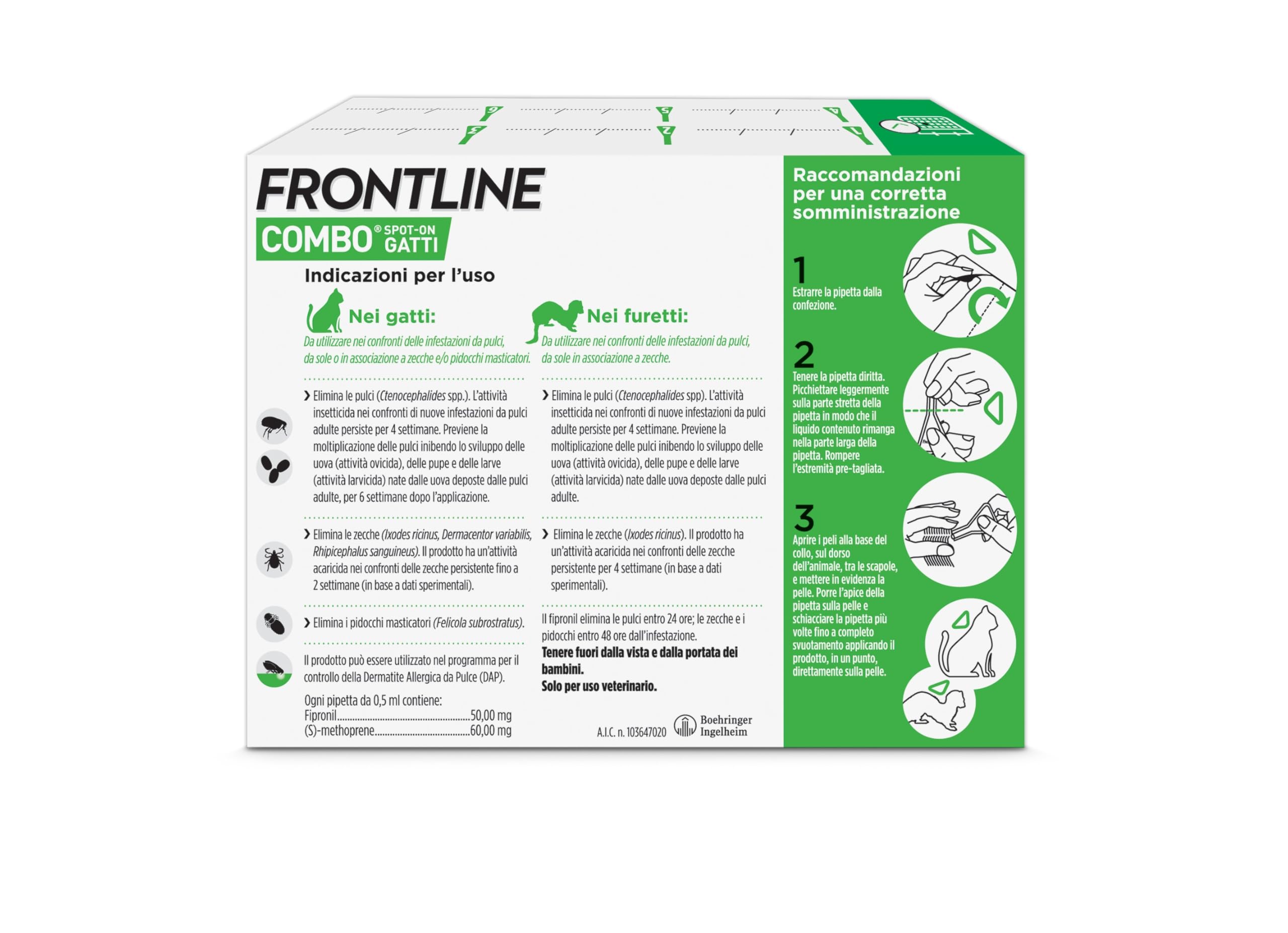 FRONTLINE Combo, 6 Pipette, Antiparassitario per Gatti, Gattini e Furetti di Lunga Durata, Protegge da Pulci, Zecche, Uova, Larve e Anche la Casa, Antipulci In Confezione da 6 Pipette da 0.5 ml