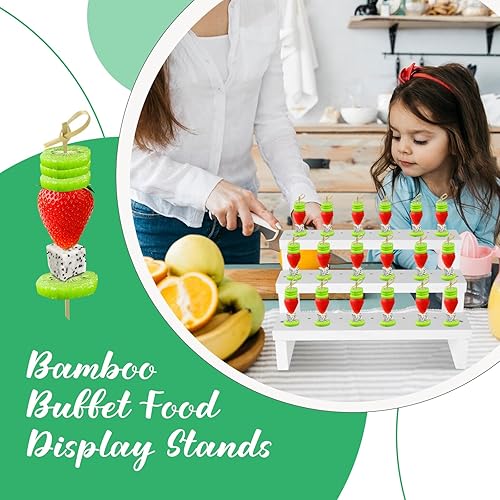 Miniatura 5 de Soporte para brochetas de 3 niveles (33 agujeros) de bambú para bufé, soporte de exhibición de aperitivos, picas de cóctel, soporte para brochetas