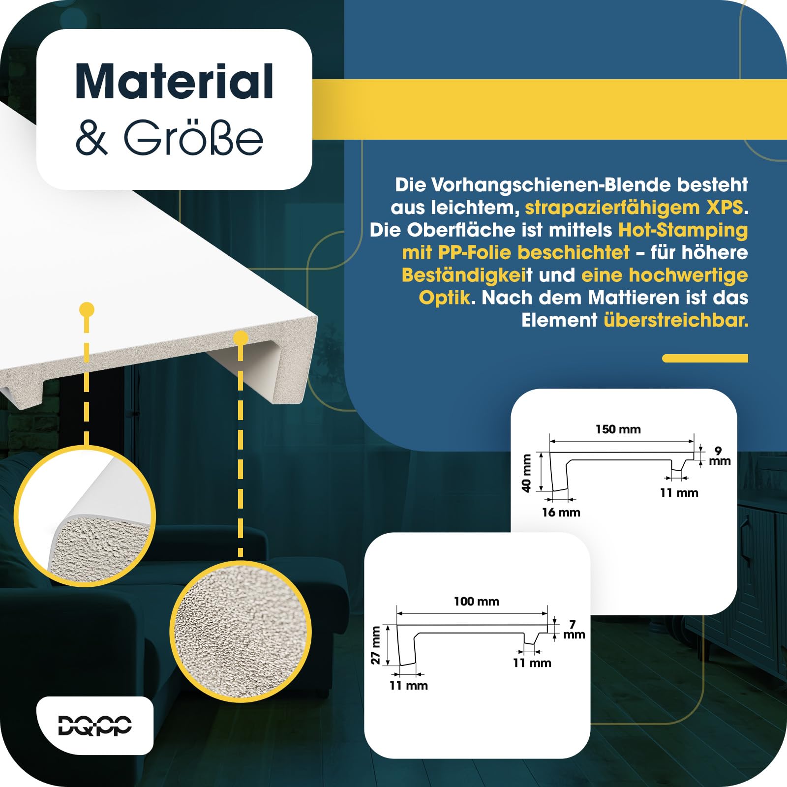 DQ-PP 8m GARDINENBLENDE – 100 x 27mm – Weiß – 4 x 2m – Polystyrol Vorhangleiste – Indirekte Beleuchtung – XPS Stuckleiste