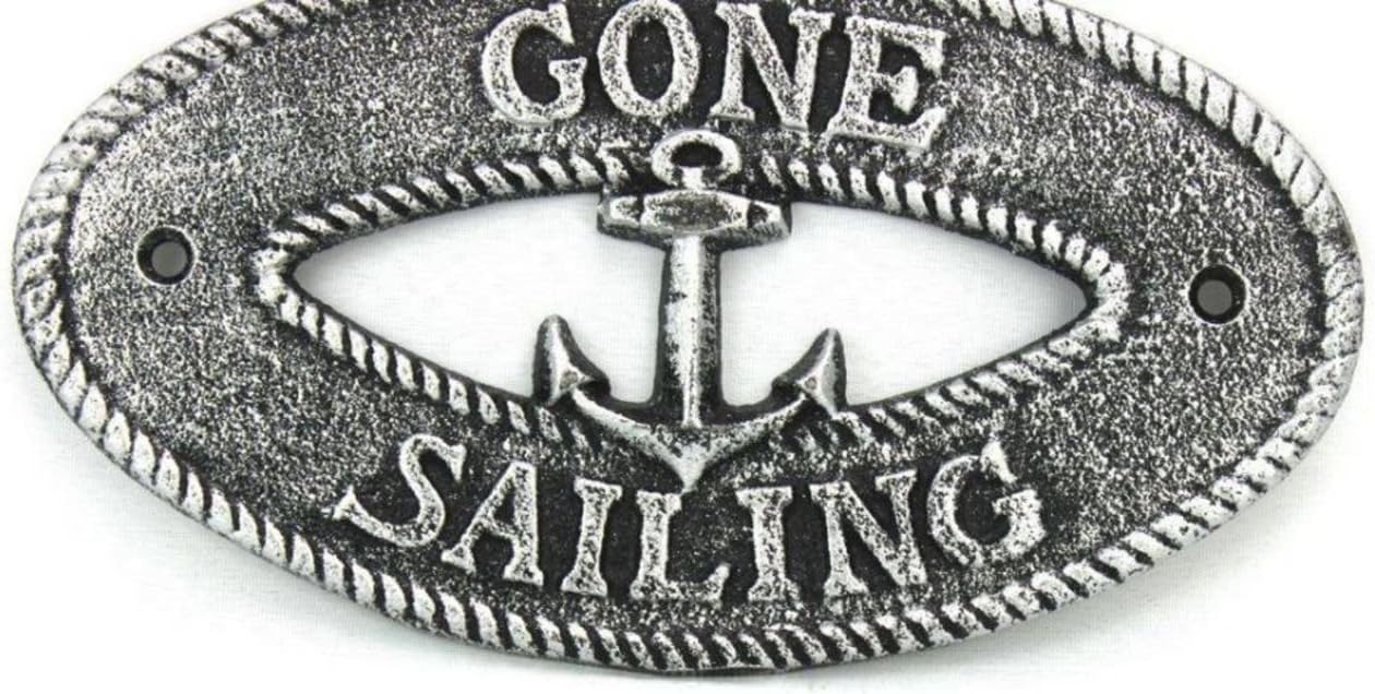 Hampton Nautical K-9304-silver Antique Silver Cast Iron Gone Sailing with Anchor Sign 8" - Decorative Metal Wall Art - Cast Iron Nautical