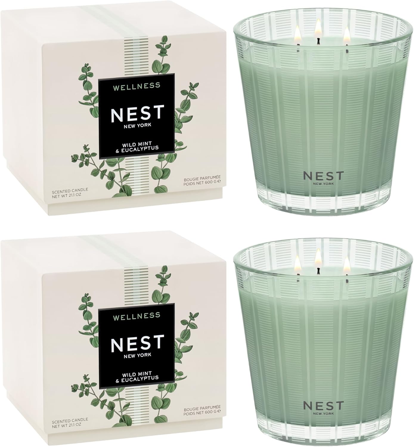 NEST New York Scented 3-Wick Candle, Wild Mint & Eucalyptus – 21.2 oz, Pack of 2 – Up to 100-Hour Burn Time – Reusable Glass Vessel