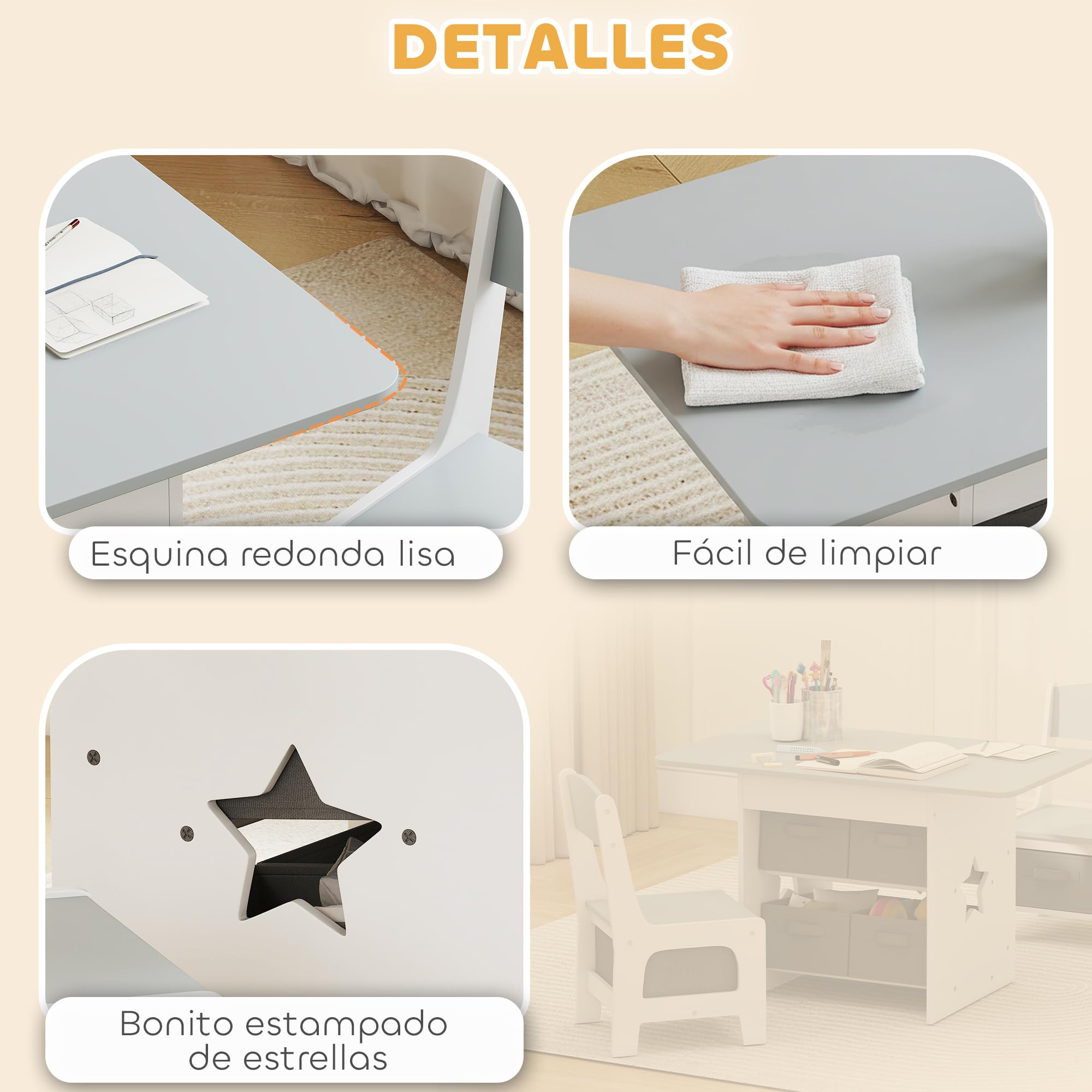 AIYAPLAY Mesa Infantil con 2 Sillas, Mesa y Sillas Infantil con 6 Cajones de Tela, Diseño Estrellas, para Niños y Niñas de 3-8 Años, para Hogar, Guardería, Aulas, Gris Claro