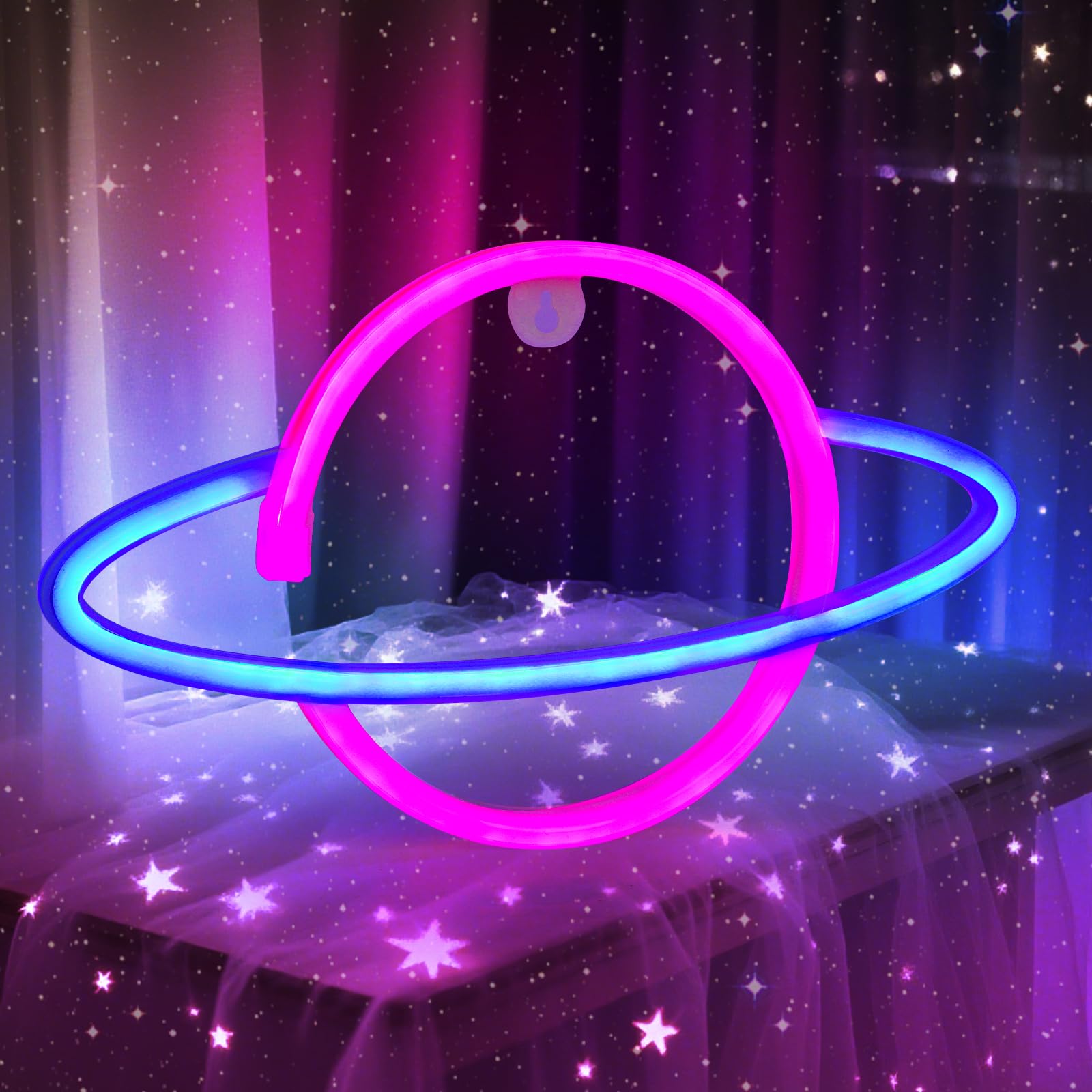 Gpurplebud Planet Neon Light, LED Neon Light Sign Powered by Battery or USB Planet Neon Sign for Bedroom Wall Decor Game Room, Living Room, Bar, Party, Kids Gift (Blue&Pink)