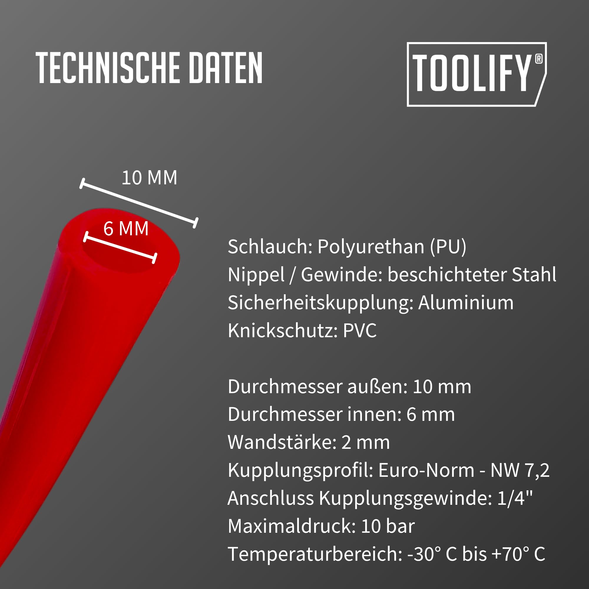 leichter Druckluft Spiralschlauch 7,5 m mit Sicherheitskupplung für Kompressor | Pneumatik Schlauch PU flexibel bis -10 °C | knickfest | ölbeständig | selbst zusammenziehend | max 10 bar