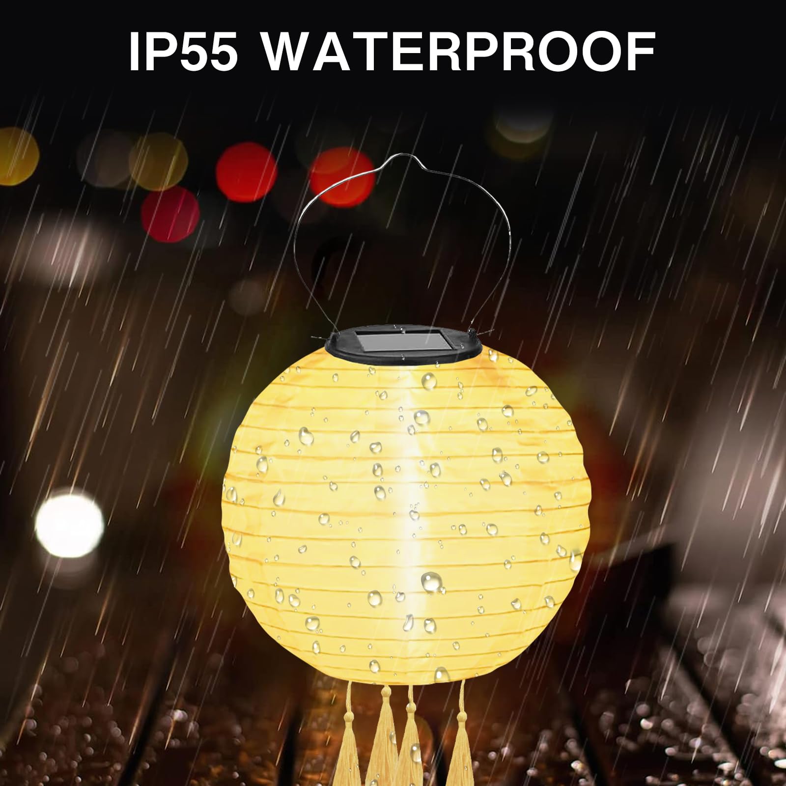 Lot de 4 lampions solaires d'extérieur résistants aux intempéries - Lampes solaires d'extérieur à suspendre - Avec 4 pompons - Pour terrasse, cour, jardin