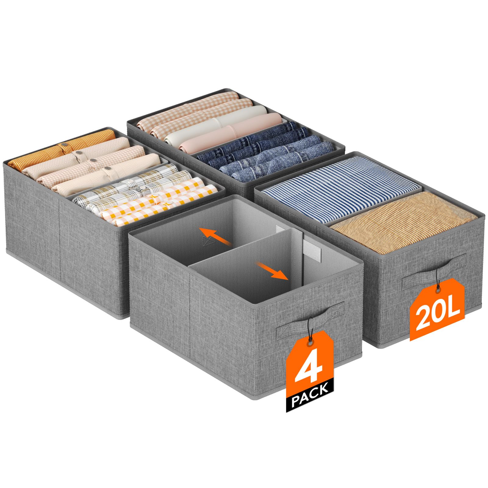 Lifewit 4-Pack Składany Zestaw do Przechowywania z Podziałem, Pudełko Organizacyjne z Uchwytem na Ubrania, Zabawki Pościelowe, Wiadro do Szafy Sypialni i Szafki na Akta Biurowe, 38x26x20 cm
