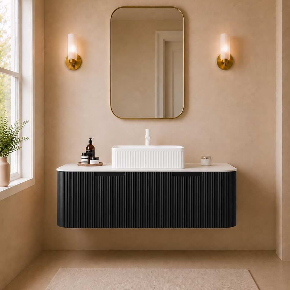 48" Floating Bathroom Vanity Black Cabinet White Ribbed Ceramic Sink