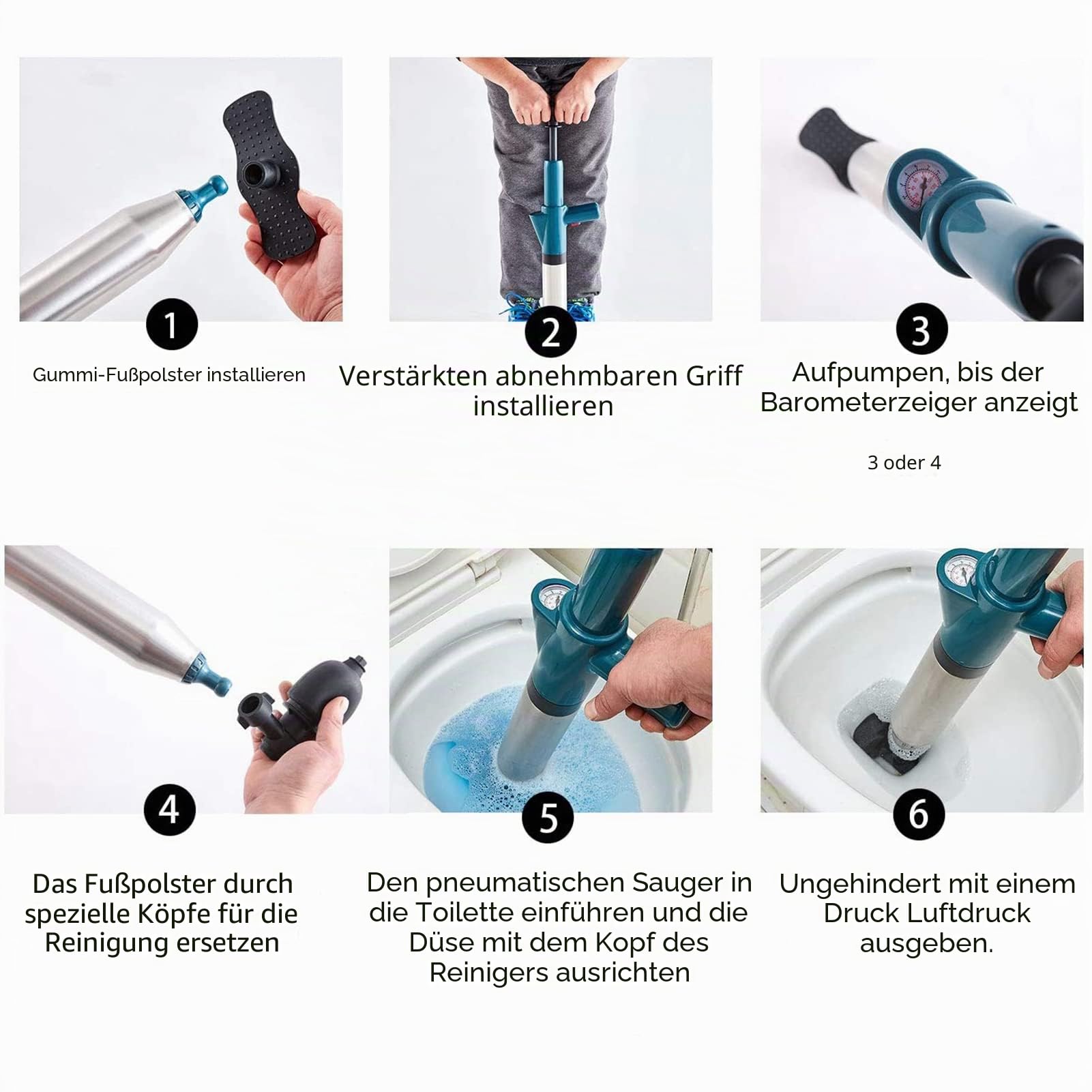 5-in-1 Hochdruck-Druckspüler mit Pressluft | WC Pömpel für Toilette/Waschbecken/Badewanne | Abflussreiniger gegen Haare/Papier Verstopfung | Profi Rohrreiniger-Set mit Spirale (Blau)