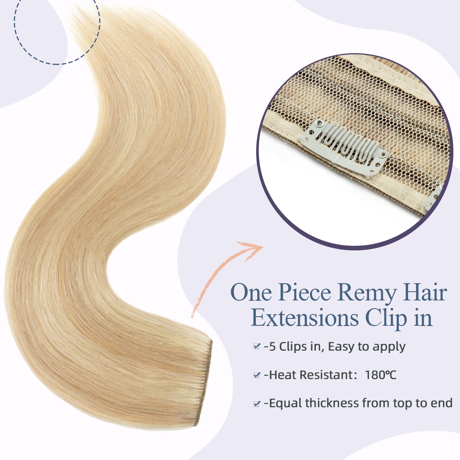 Clip in Extensions Echthaar Dick Haarteile Echthaar 1 Piece 5 Clips 7A Remy Hair Weich Natürlich Haarverlängerung 45cm-90g 18P613# Graublond & Bleichblond