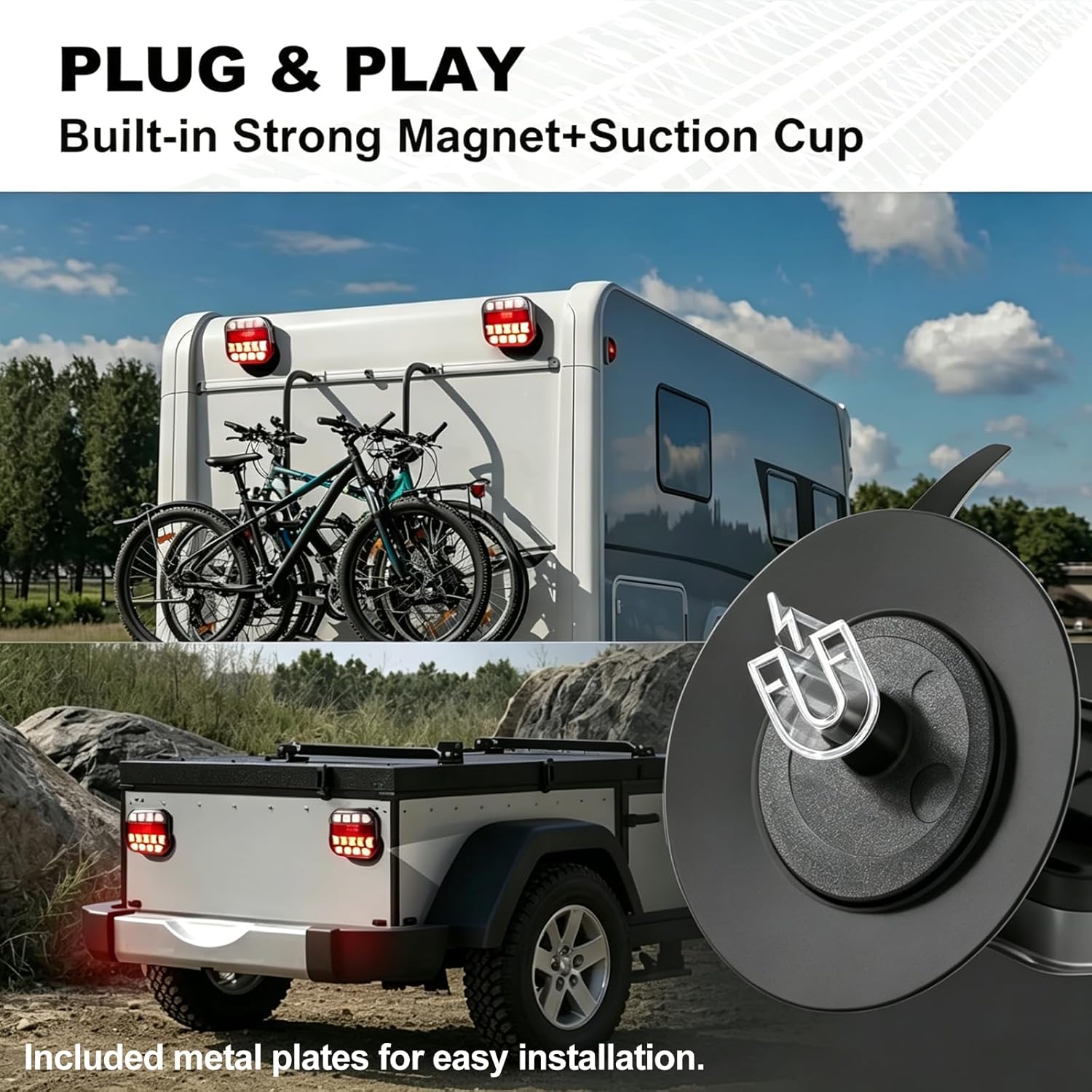 Wireless Trailer Lights Kit with 110° Adjustable Bracket, Magnetic LED Tow Lights, USB-C Rechargeable Tail Lights for Truck Boat RV Camper – Turn Signal Brake Reverse Stop, IP67 Waterproof