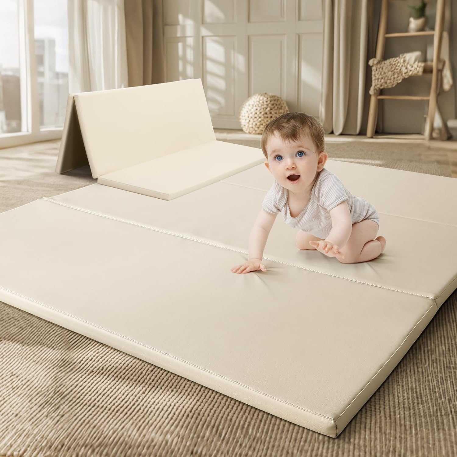 Sponsored Ad - TODIBY Foam Baby Play Mat: PU Leather Waterproof Kids Playmat - Trifold Floor Mat - Large Play Mat for Playpen Thick Pad Fodable Mattress Soft Toddler Mattress Infant Cushion for Preschool (Beige)