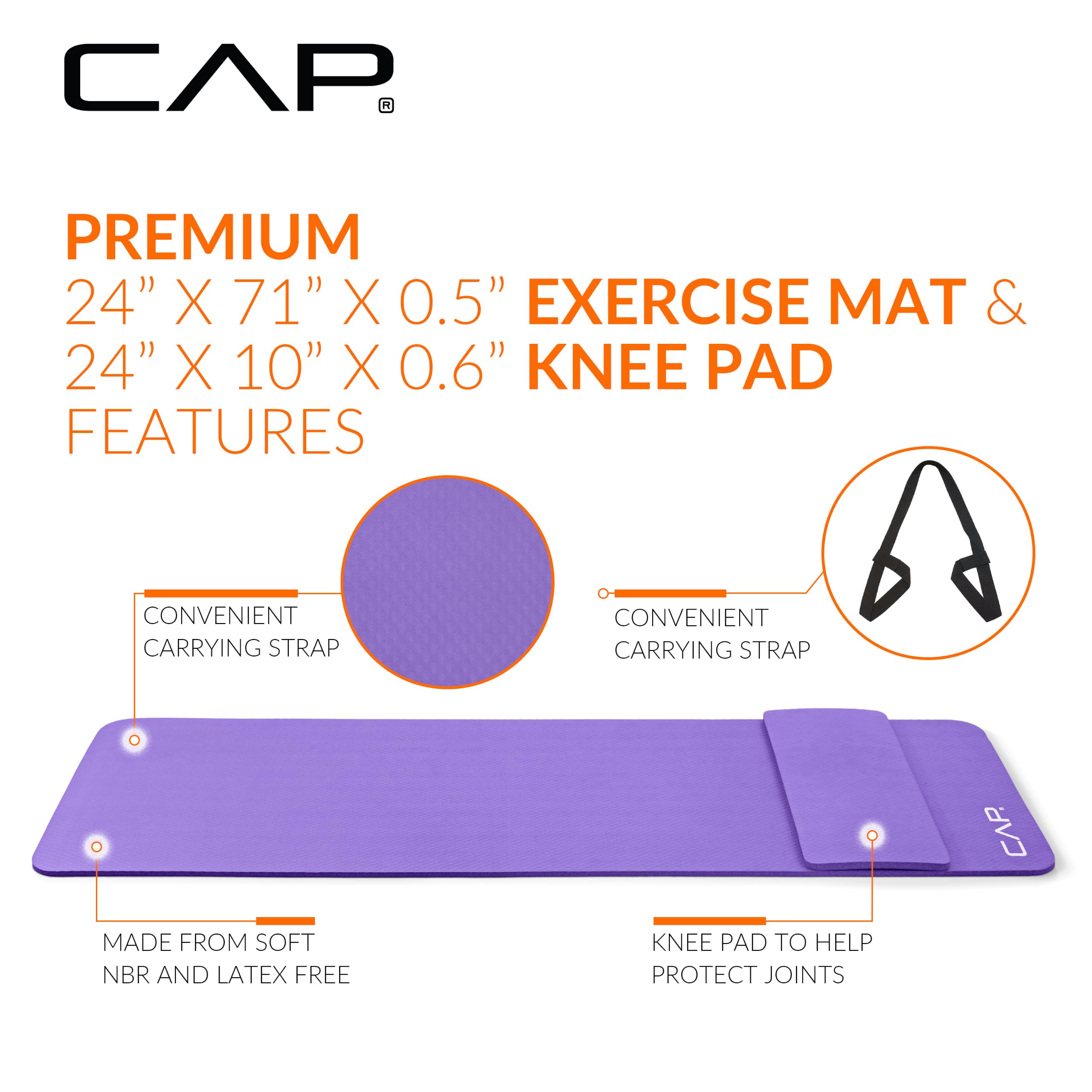 CAP 1/2" Thick Yoga Mat, Exercise Mat with Knee Pad & Strap, Purple view 3