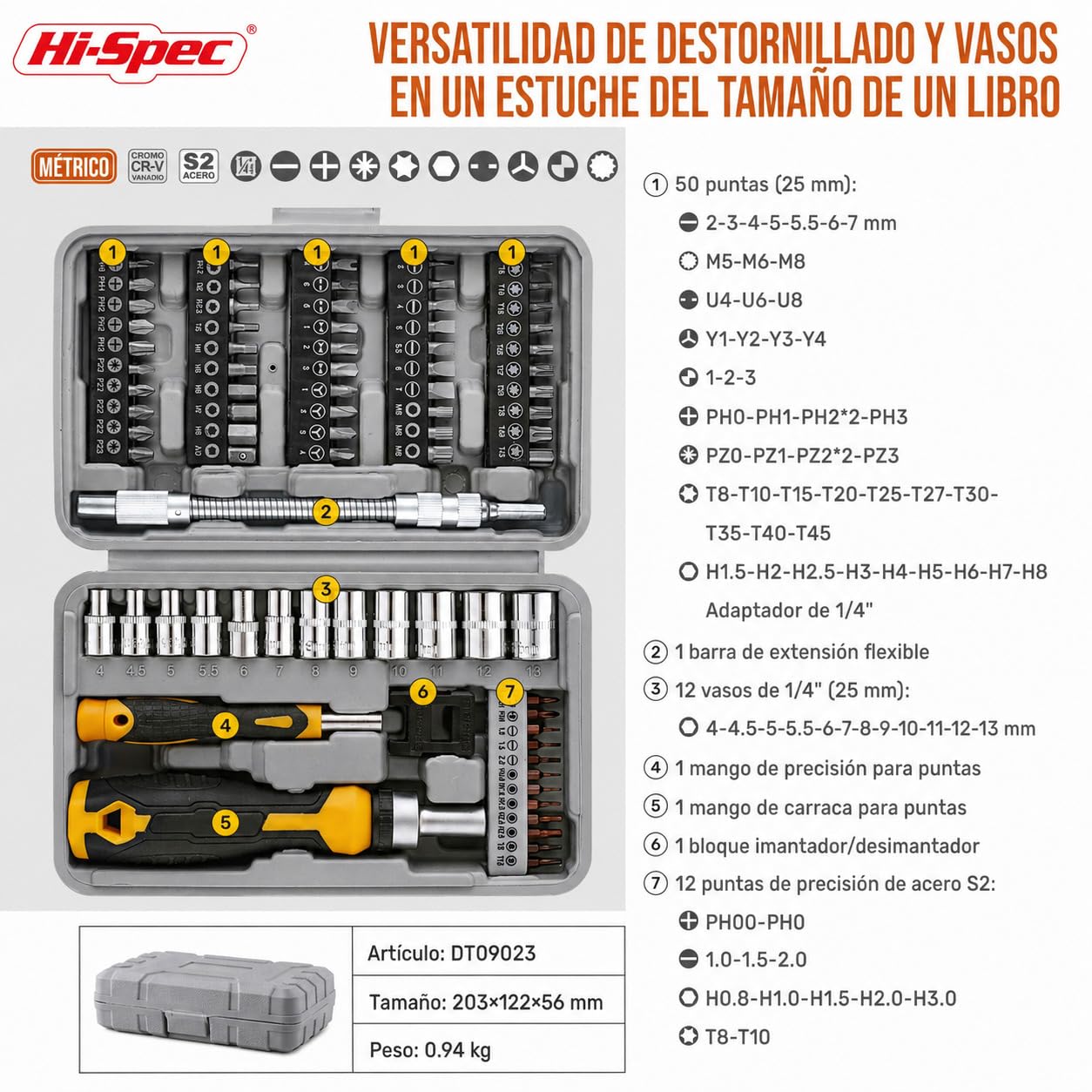 Hi-Spec Juego de puntas para destornillador y set de sockets 1/4 pulgada con mangos de 79 piezas. Incluye extensión flexible, precisión y accesorios Torx y seguridad en estuche organizado | 79 piezas, mangos, extensión flexible, Torx de seguridad y estuch